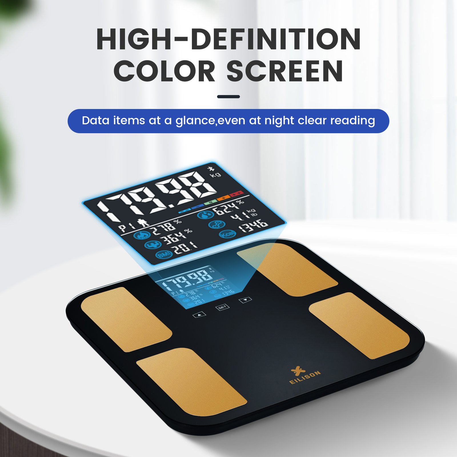 EILISON Digital Bathroom Scale with 4 Electrodes & BIA Technology High-Precision (Smart Black)