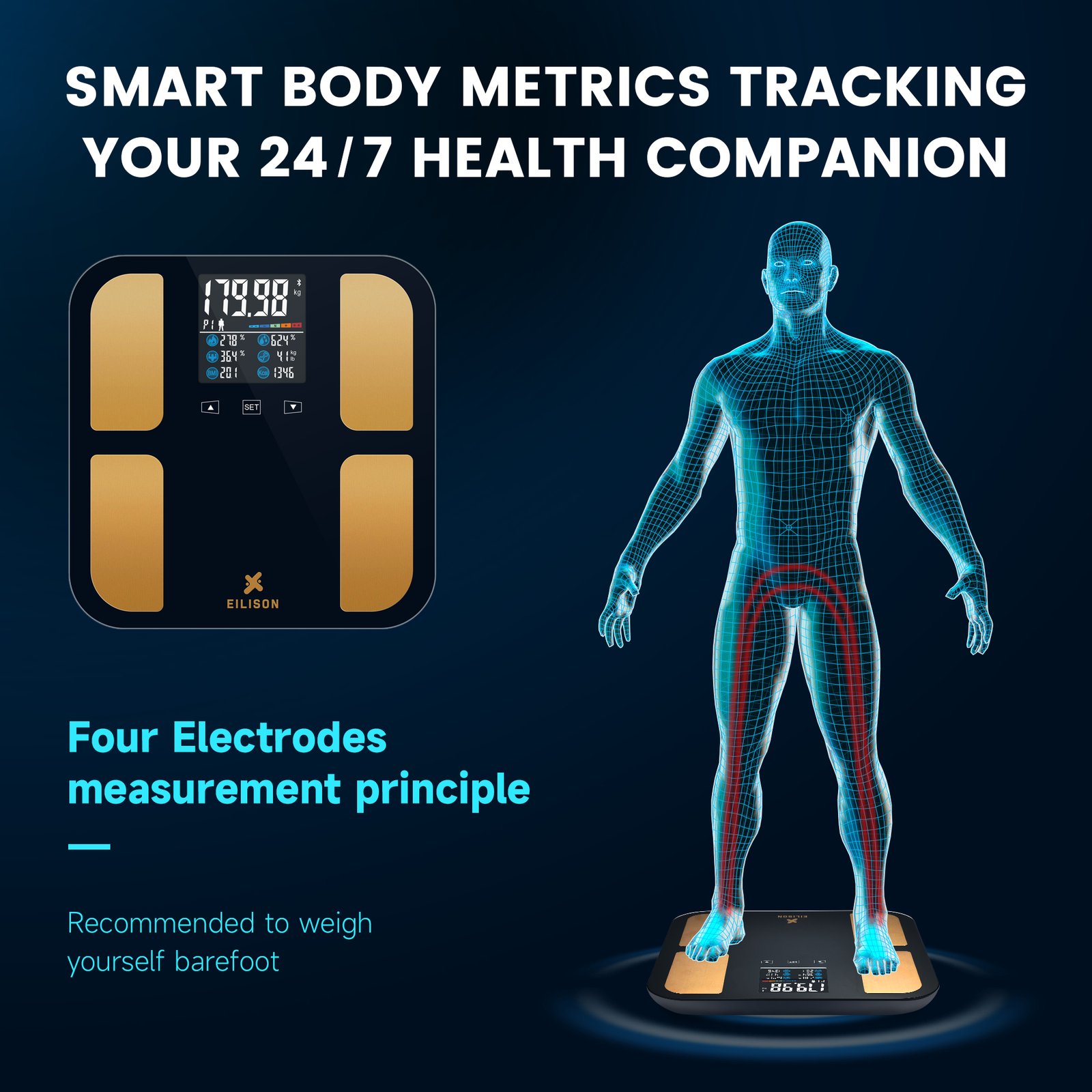 EILISON Digital Bathroom Scale with 4 Electrodes & BIA Technology High-Precision (Smart Black)