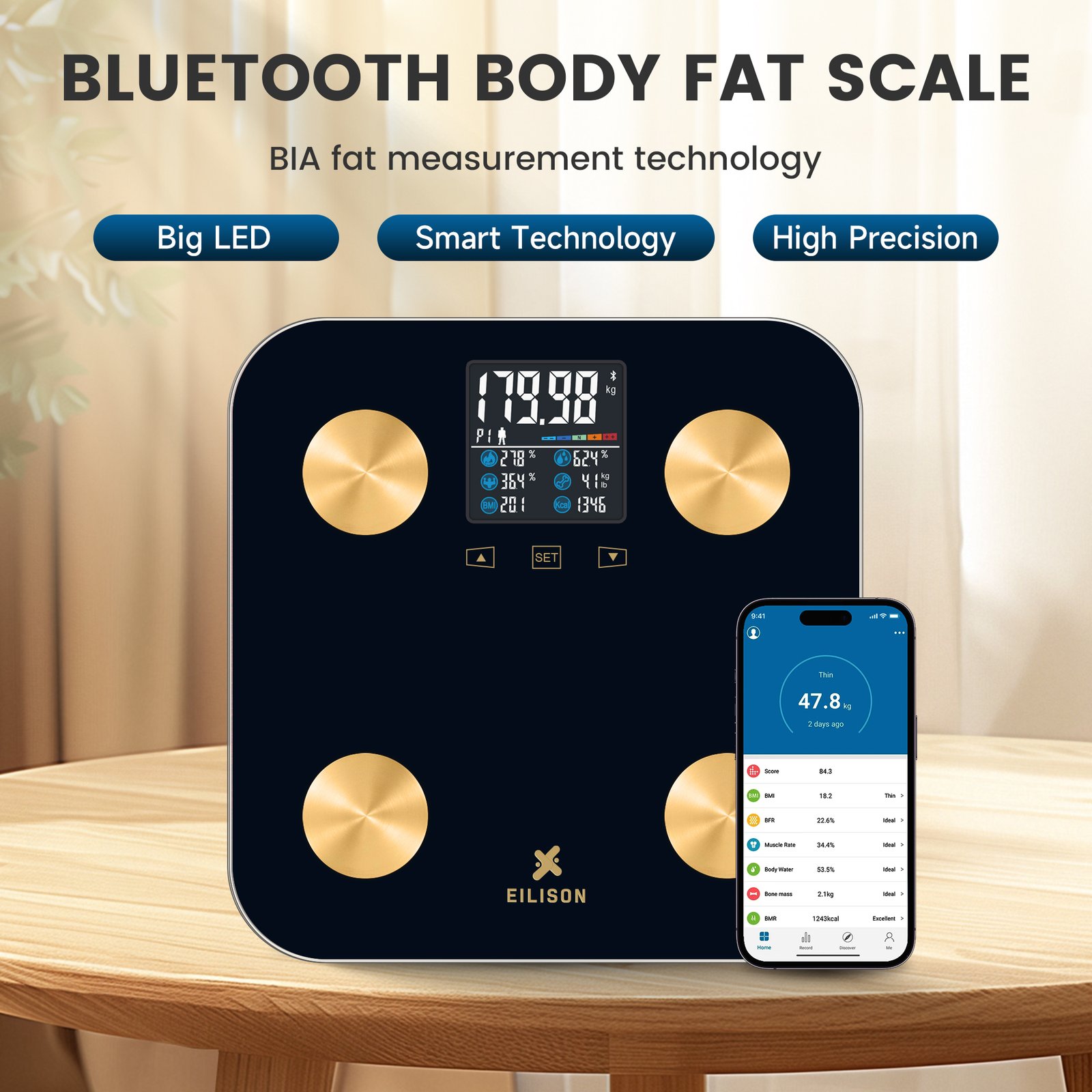 EILISON Smart Scale with 4 Electrodes & BIA Technology High-Precision Body Fat Analyzer (New Black)