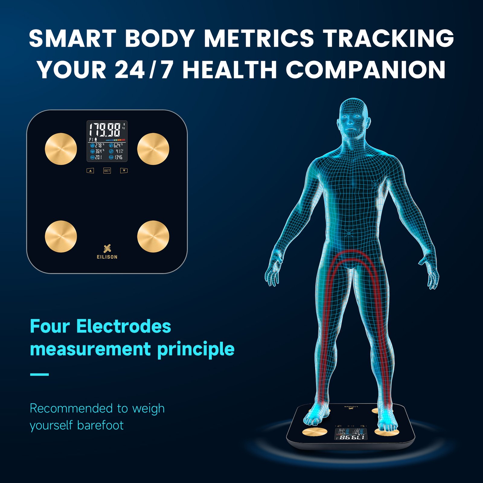 EILISON Smart Scale with 4 Electrodes & BIA Technology High-Precision Body Fat Analyzer (New Black)