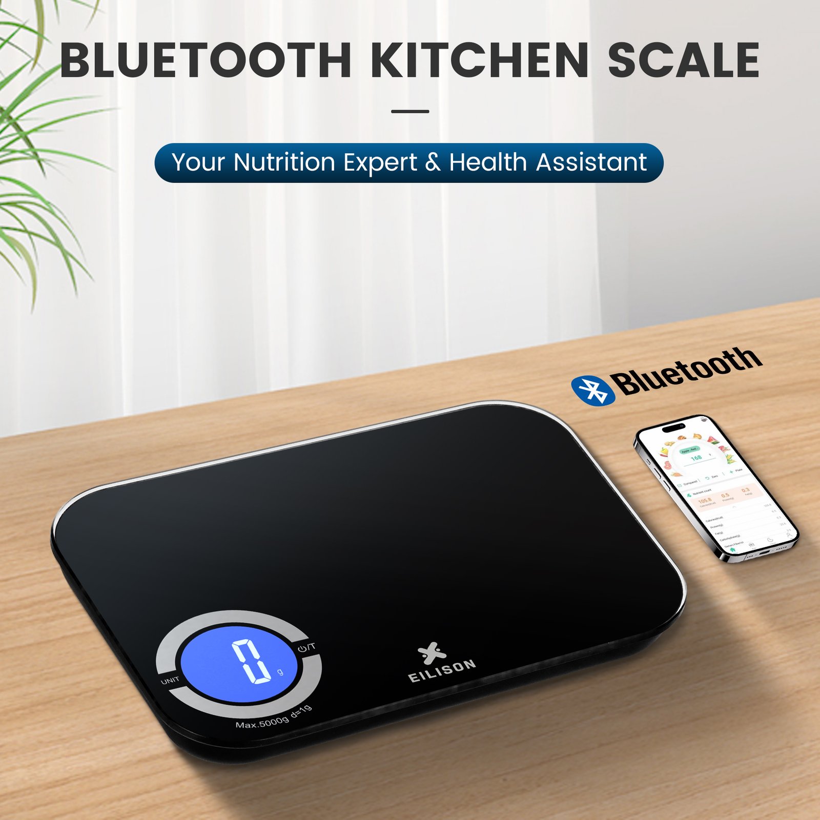 EILISON Smart Kitchen Scale with Bluetooth App, High-Precision Digital Food Scale for Baking (Black)