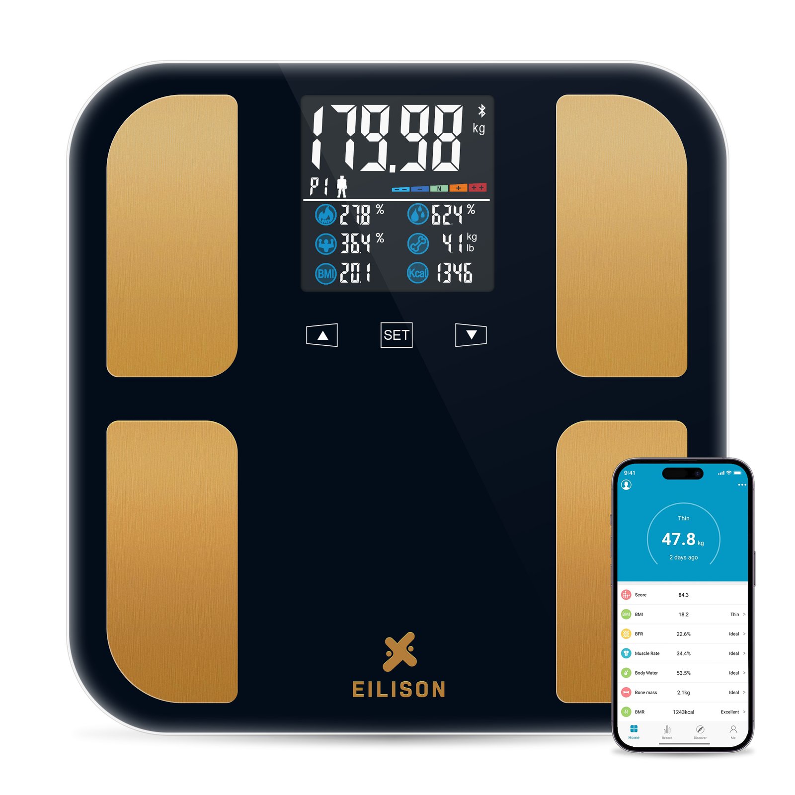 EILISON Digital Bathroom Scale with 4 Electrodes & BIA Technology High-Precision (Smart Black)